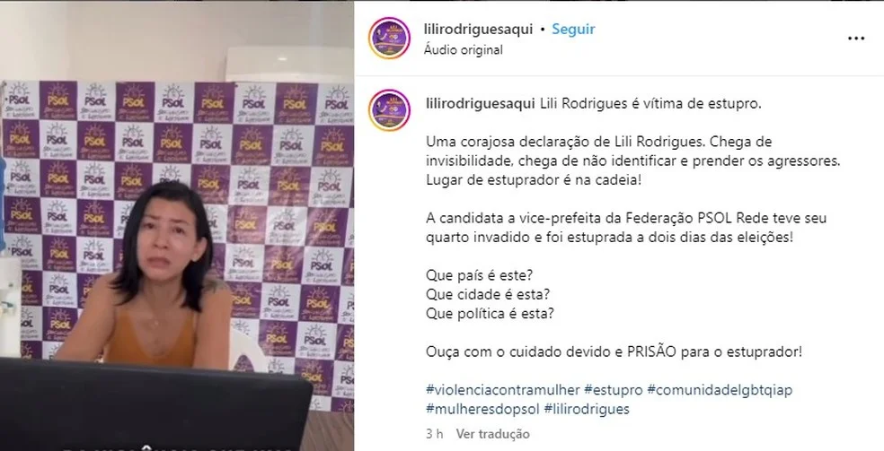 Candidata a vice-prefeita denunciou nas redes sociais que foi vítima de estupro — Foto: Reprodução