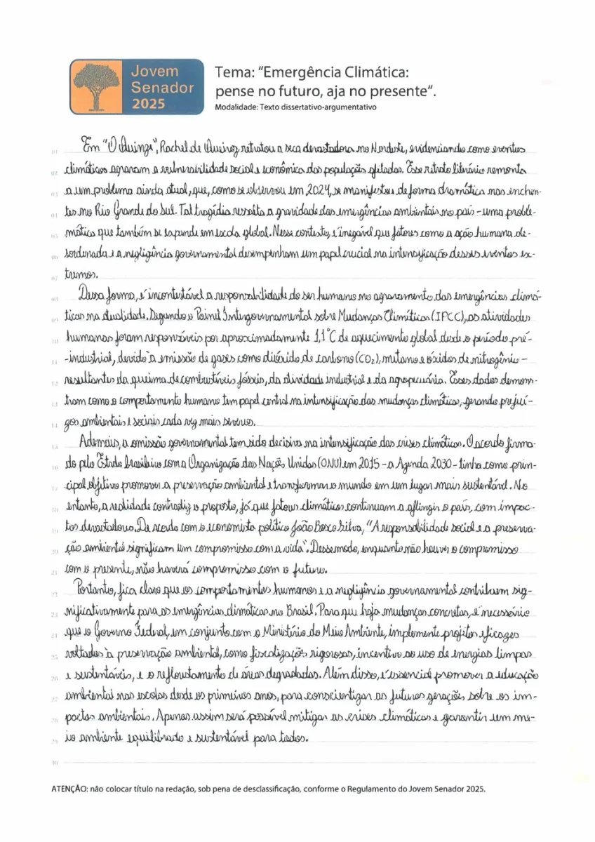 Redação de Laury Angelina Luiz Ferreira Xavier de Oliveira, de 16 anos, selecionada pelo programa "Jovem Senador"" — Foto: Reprodução/Senado Federal