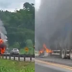 Carreta carregada com bebidas pega fogo na BR-364