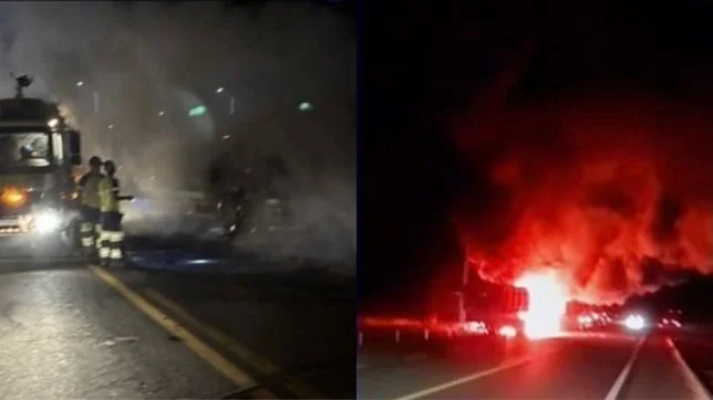 Carreta carregada de soja pega fogo após pneu estourar na BR-364 em Rondônia. VEJA VÍDEO