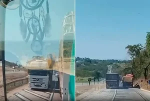 Vídeo flagra carreta sem freio descendo desgovernada na BR-364