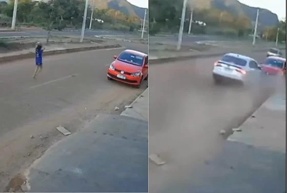 BRINCAVA NA RUA: Criança é lançada após carro em alta velocidade destruir veículo estacionado