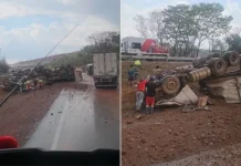 Motorista perde controle de carreta, capota e morre na BR-364; veja vídeo